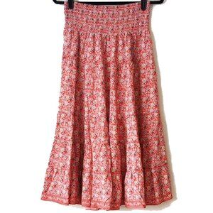 Max Studio Smocked Waistband Tiered Ruffle Skirt S Peach-Red Blue Paisley Print